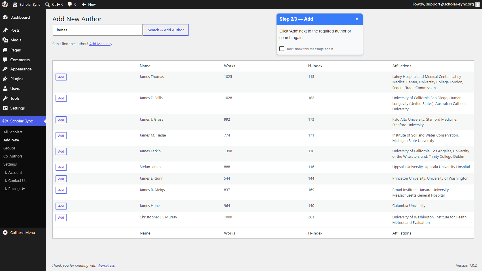 Add New Scholar — search by name and import a verified profile with publications already attached.